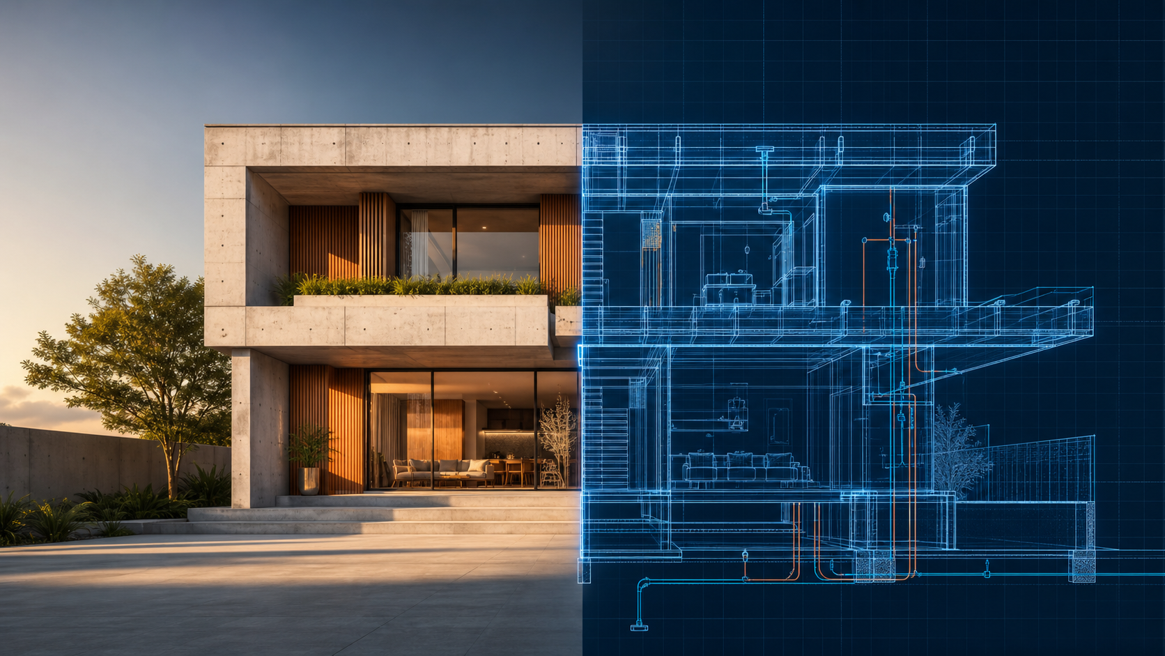 Casa contemporánea dividida entre construcción terminada y plano técnico